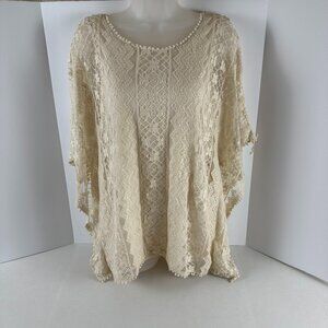 Soieblu Blouse Cream Lace Low Cut Back Size L NWT